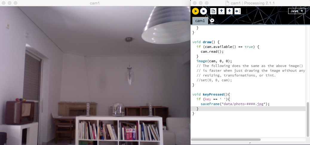 Από την τεκμηρίωση του Processing εντοπίζουμε την εντολή keyPressed, η οποία μας δίνει την είσοδο από το πληκτρολόγιο του χρήστη, καθώς και την εντολή saveFrame, η οποία αποθηκεύει την τρέχουσα εικόνα σε ένα τοπικό αρχείο.